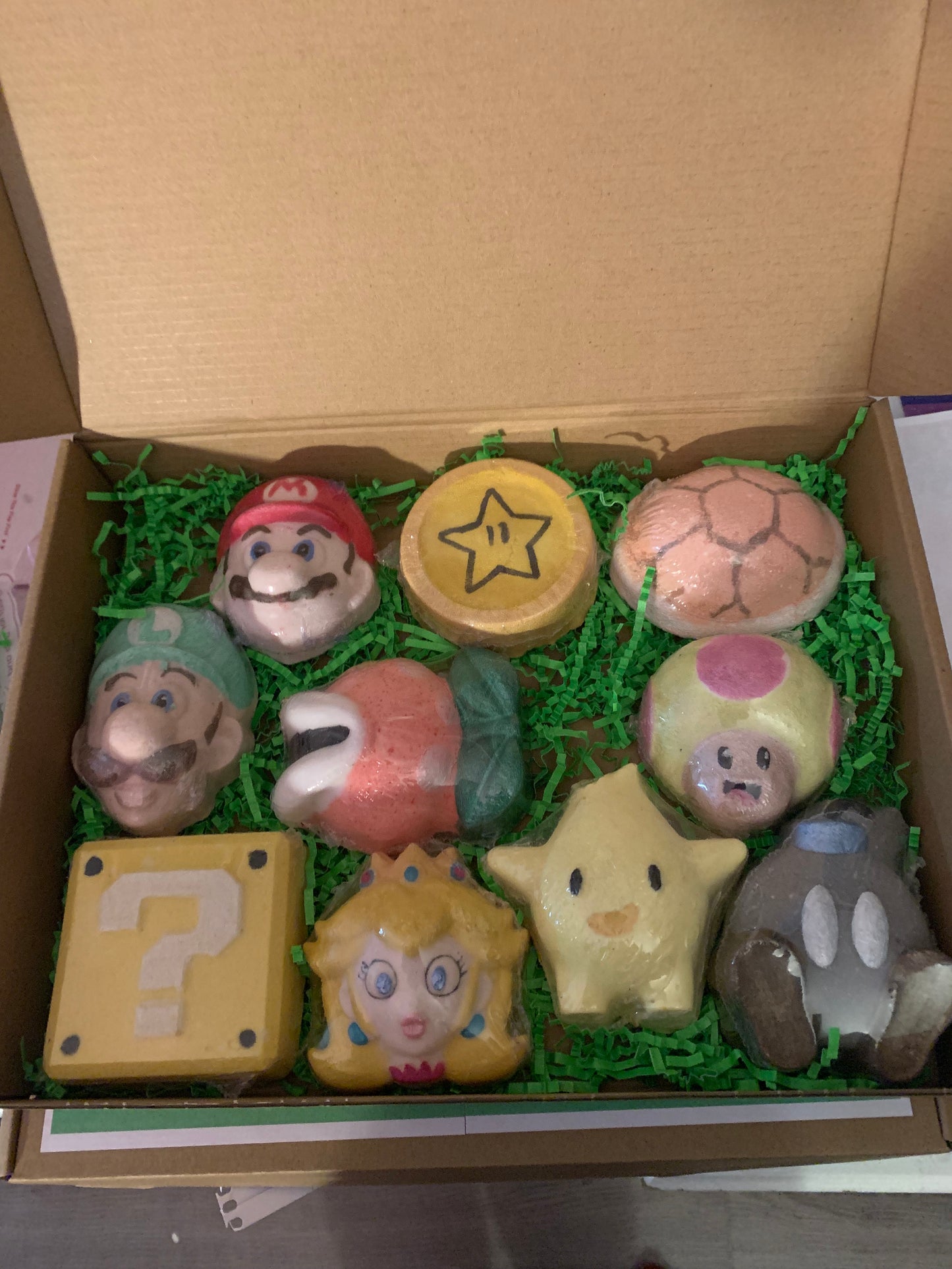 Mario Characters Bath Bomb Set each one has surprise toy inside!