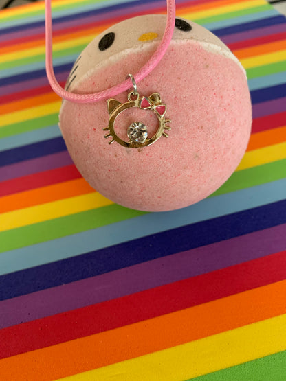 Happy Pretty Anime Kitty with a bow Handpainted Large Sized BathBomb with Charm Necklace inside!