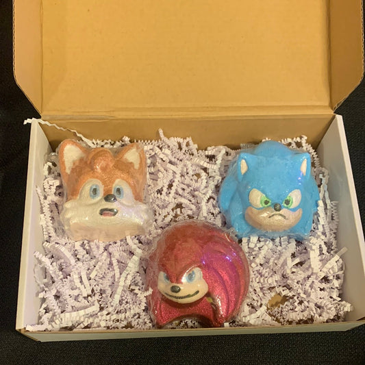 3 Piece Blue hedgehog and friends with  toy inside Bath Bomb Gift Boxed Set
